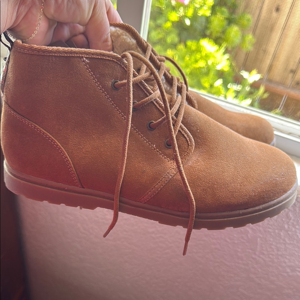 Brown Suede Boots with Red Accents